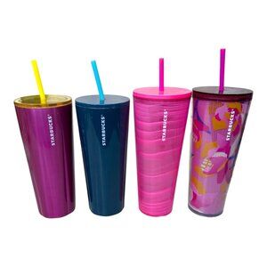 Lot 4 Starbucks Cold Cup Variety Set Colorful Tumbler Lid & Straw 24oz Pink Blue